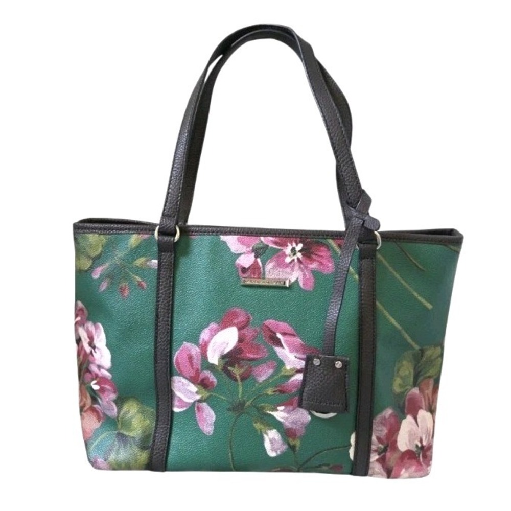 Dana Buchman Handbag Green Burgundy Floral Large Roomy Tote Magnetic Closure
